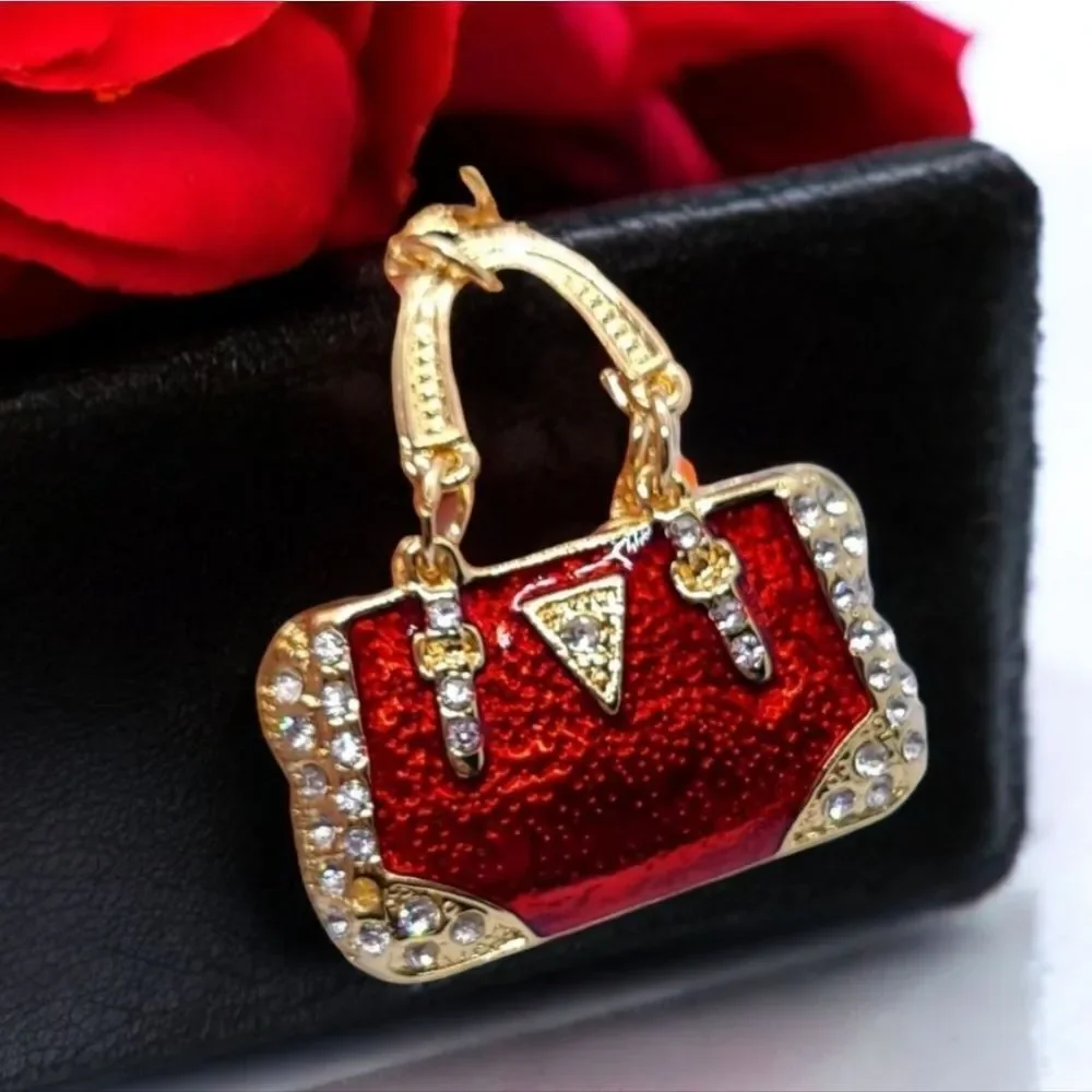 Red Mini Handbag Purse Charm Keychain Rhinestone Gold Bag Clip Enamel Accessory